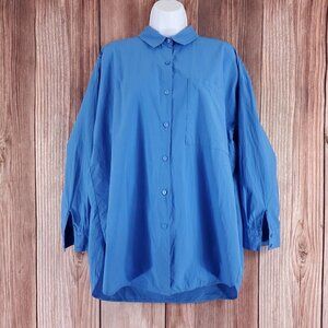 Eileen Fisher Womens Size Medium Blue Organic Cotton Oversized Button Up Shirt